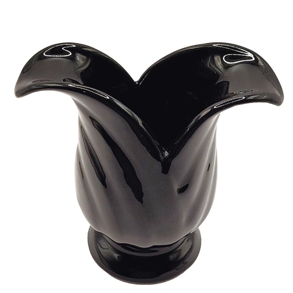 None Other - Unique Art Nouveau Glossy Black Open Flower Petal Pottery Vase Planter USA 827